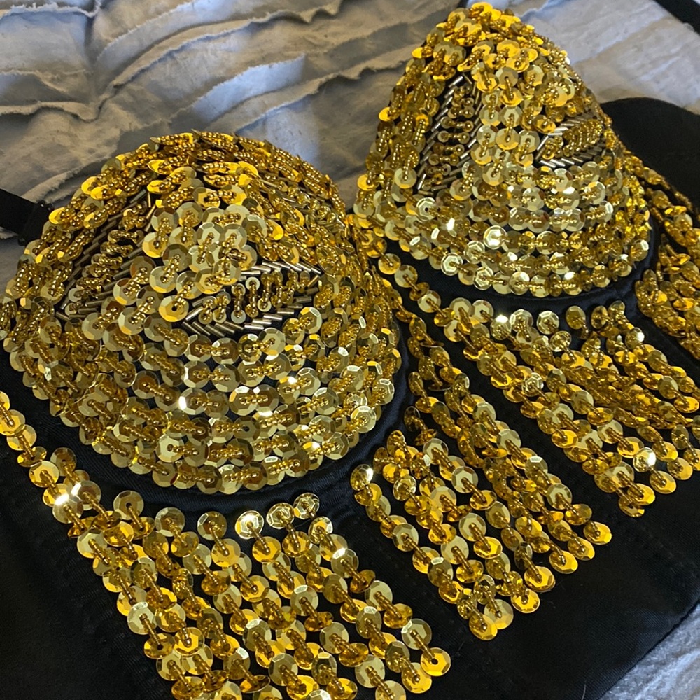 Strap or strapless gold sequined and beaded corset size small